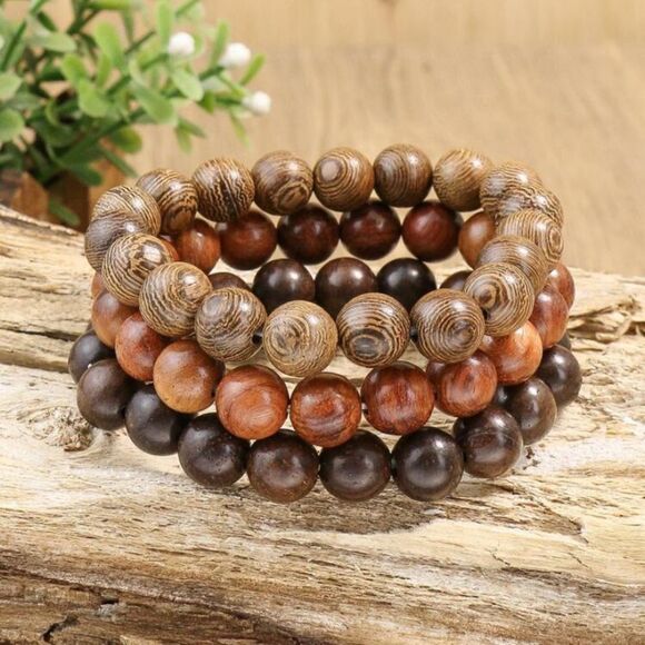 3for$20 3pcs Vintage Style Wooden Beaded Elastic Stretch Bracelet Set Men/ Women - Picture 1 of 6
